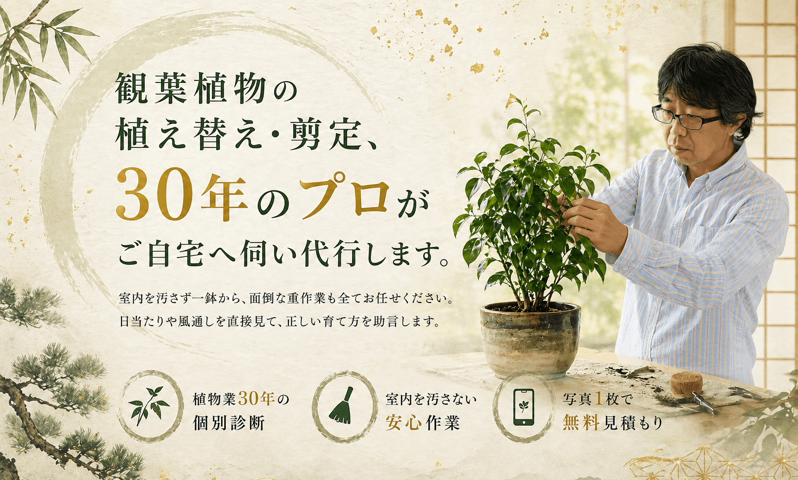 観葉植物の植え替え・剪定、30年のプロがご自宅へ伺い代行します。