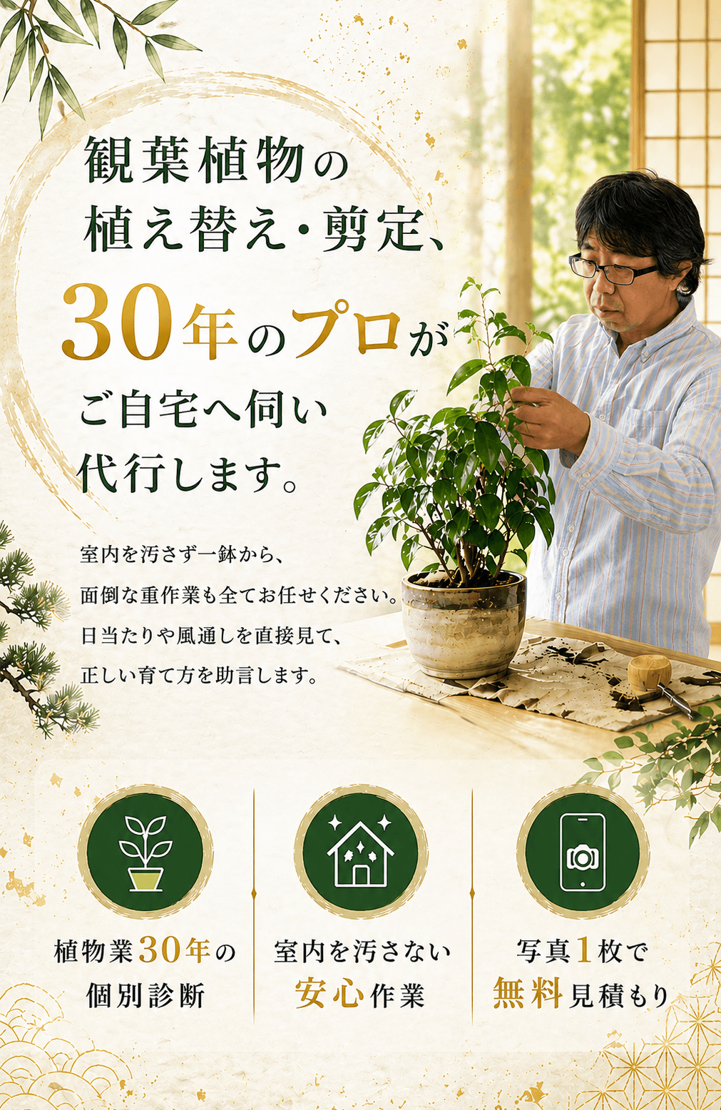 観葉植物の植え替え・剪定、30年のプロがご自宅へ伺い代行します。